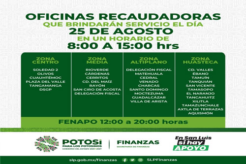 Recaudadoras de Finanzas dar n servicio este viernes 25 de agosto